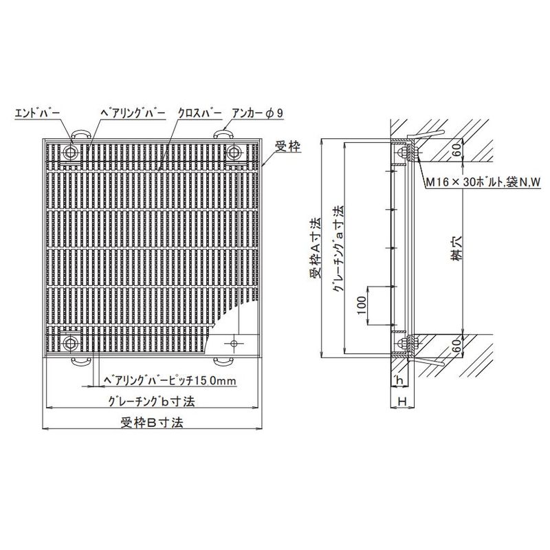 伊藤鉄工 AGBCNL40-32 鋼製グレーチング細目正方形 ノンスリップ T14/T6 受枠A