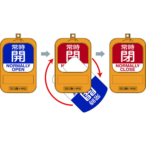 164093 回転式バルブ開閉札 常時開(青)⇔常時閉(赤) 特15-360C 90x60mm 樹脂製